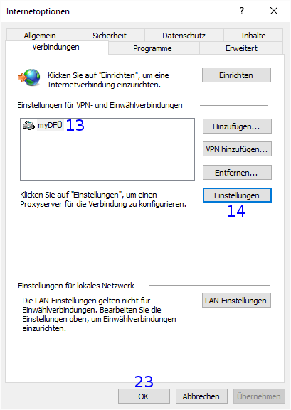 Internet Explorer: Internetoptionen / Verbindungen / DFÜ