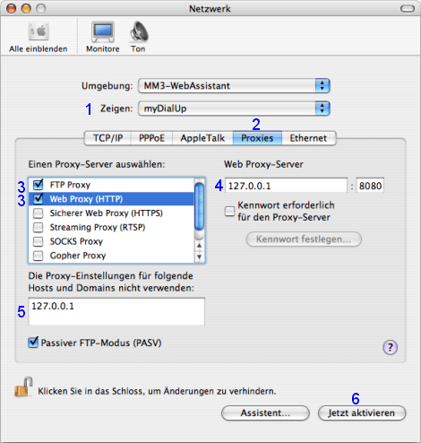 Mac OS X: Netzwerk / myDialUp / Proxies