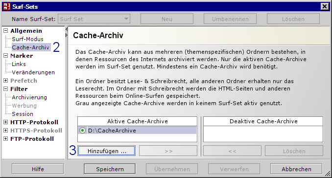 MM3-WebAssistant - Proxy Offline Browser: Dialog: Surf-Set / Cache-Archiv