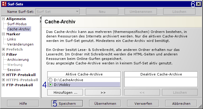 MM3-WebAssistant - Proxy Offline Browser: Dialog: Surf-Set / Aktive Cache-Archive