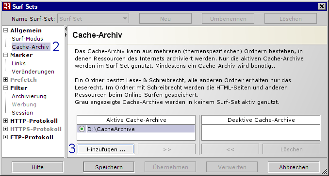 MM3-WebAssistant - Proxy Offline Browser: Dialog: Surf-Set / Cache-Archiv MM3-WebAssistant - Proxy Offline Browser: Dialog: Surf-Set / Cache-Archiv