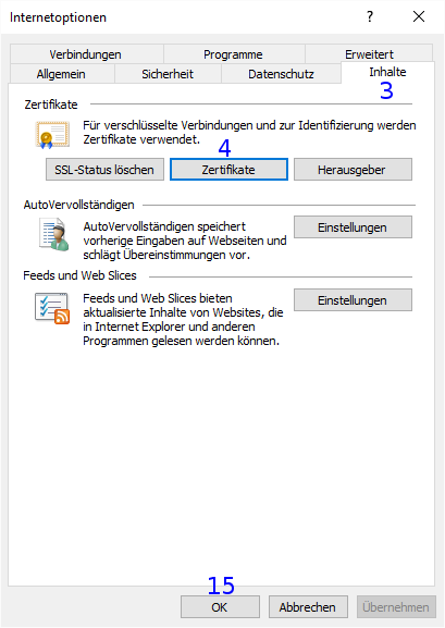 Internet Explorer: Internetoptionen / Inhalte / Zertifikate