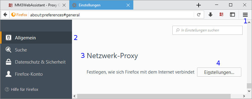 Firefox: Einstellungen / Allgemein / Netzwerk